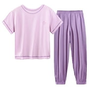 LMTODLFG Baby Boy Clothes Summer New Multi Color Children's Home Furnishing Solid Short Sleeve Round Neck Top+Pants Two Piece Set Baby Girl Gifts Purple 18-24 Months